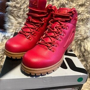 Fila Red synthetic Leather Hiking Boots with Tan Lug Sole Sz 8 NEW w/ box